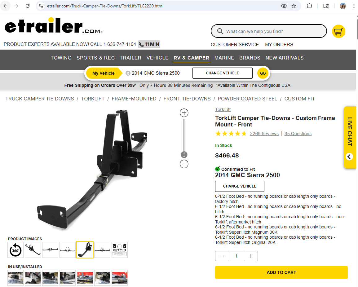 Torklift Truck Camper Tie Downs (2011-2014 Chevy Silverado/GMC Sierra 6.5ft bed, Frame Mount)